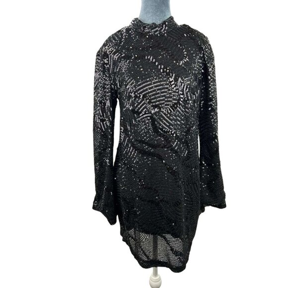 NWT Anthropologie Maeve Womens Large Dress Mini Sequin Mock Neck Black Open Back - Picture 11 of 16